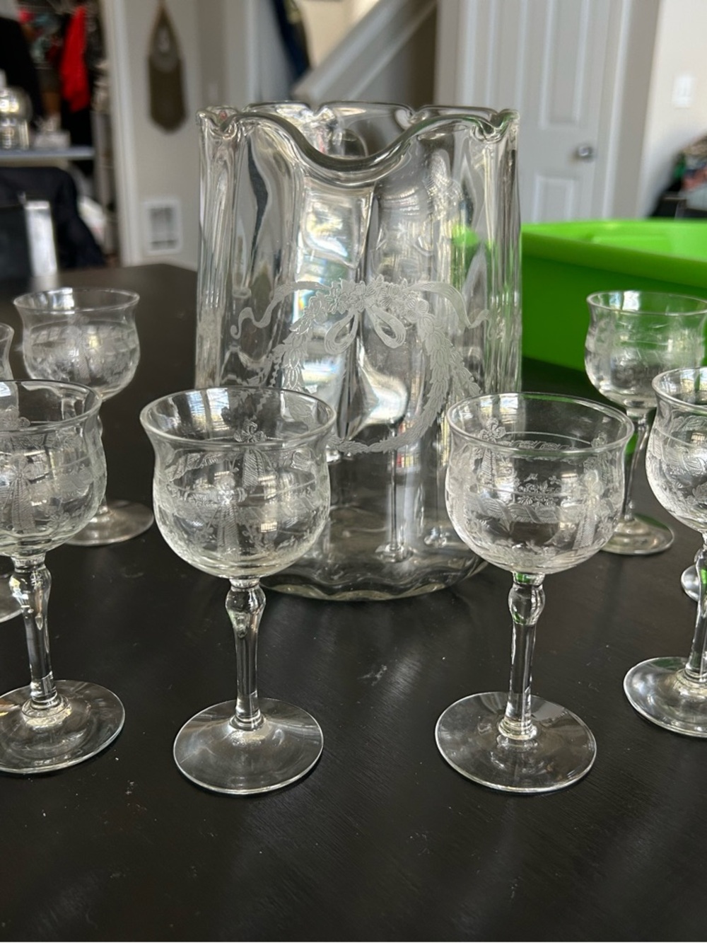 Vintage 1920’s Bryce glass Co. PA. Pitcher w/ 10 sherry glasses #350-4